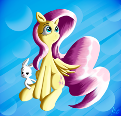 Size: 2044x1953 | Tagged: safe, artist:jphyperx, angel bunny, fluttershy, pegasus, pony, rabbit, g4, abstract background, animal, female