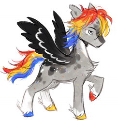 Size: 1464x1499 | Tagged: safe, artist:lutraviolet, oc, oc only, pegasus, pony, black wings, blaze (coat marking), body freckles, chest fluff, coat markings, colored fetlocks, colored hooves, colored wings, dappled, eye markings, eyelashes, facial markings, fetlock tuft, flowing mane, flowing tail, freckles, gray coat, hatching (technique), hooves, leg markings, lidded eyes, mismatched hooves, multicolored hooves, no catchlights, no pupils, pegasus oc, ponysona, profile, raised hoof, shaggy mane, shiny hooves, shiny mane, shiny tail, simple background, socks (coat markings), solo, spread wings, standing on three hooves, striped wings, tail, three toned mane, three toned tail, three toned wings, torn ear, white background, wing markings, wing stripes, wings