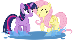 Size: 828x463 | Tagged: safe, artist:zslnews, fluttershy, twilight sparkle, alicorn, pegasus, pony, g4, ^^, cute, duo, duo female, eyes closed, female, looking at each other, looking at someone, mare, open mouth, png, puddle, shyabetes, simple background, splash, splashing, transparent background, twiabetes, twilight sparkle (alicorn), vector