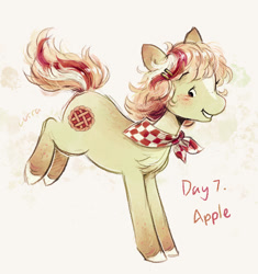 Size: 882x939 | Tagged: safe, artist:lutraviolet, oc, oc only, oc:apple, earth pony, pony, abstract background, back freckles, bandana, bangs, body freckles, bucking, chest fluff, coat markings, colored eartips, colored hooves, earth pony oc, eyebrows, eyebrows visible through hair, facial markings, female, female oc, freckles, gradient ears, gradient legs, green coat, hair accessory, hairclip, hooves, leg freckles, looking back, mane accessory, mare, mare oc, neckerchief, no catchlights, no pupils, not granny smith, ponytober, ponytober 2024, profile, red text, shiny mane, shiny tail, short mane, short tail, smiling, socks (coat markings), solo, stripe (coat marking), tail, three toned mane, three toned tail, unshorn fetlocks, white hooves