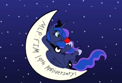 Size: 4143x2835 | Tagged: safe, artist:paddysparkle, princess luna, alicorn, pony, mlp fim's fourteenth anniversary, g4, apple, collaboration, crescent moon, eating, food, herbivore, moon, night, night sky, sky, solo, tangible heavenly object