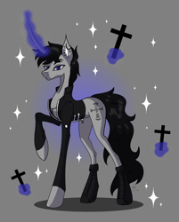 Size: 2635x3270 | Tagged: artist needed, safe, oc, oc only, oc:black cross, pony, unicorn, boots, clothes, curved horn, glowing, glowing horn, horn, jacket, lanky, long horn, long legs, male, nudity, raised hoof, sheath, shoes, signature, skinny, solo, stallion, sternocleidomastoid, tall, thin