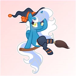 Size: 6890x6890 | Tagged: safe, artist:riofluttershy, oc, oc only, oc:fleurbelle, alicorn, pony, alicorn oc, blushing, bow, broom, clothes, female, flying, flying broomstick, gradient background, hat, horn, mare, nightmare night, socks, solo, tail, two toned hair, two toned mane, two toned tail, wings, witch hat, yellow eyes