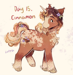 Size: 944x970 | Tagged: safe, artist:lutraviolet, oc, oc only, oc:cinnamon, pony, unicorn, abstract background, blank flank, blaze (coat marking), blush lines, blushing, brown coat, brown hooves, brown mane, brown tail, chest fluff, cinnamon bun, cloven hooves, coat markings, colored hooves, dappled, facial markings, female, female oc, flower, flower in hair, flower in tail, food, freckles, gradient mane, gradient tail, hooves, horn, leg markings, looking back, mare oc, no catchlights, no pupils, ponytober, ponytober 2024, profile, shiny hooves, signature, smiling, socks (coat markings), solo, standing, tail, turned head, unicorn oc, unshorn fetlocks