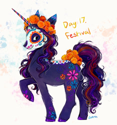 Size: 1023x1093 | Tagged: safe, artist:lutraviolet, oc, oc only, oc:festival, pony, unicorn, abstract background, cloven hooves, coat markings, colored eartips, colored horn, coloredh ooves, dia de los muertos, dorsal stripe, ear markings, eyelashes, eyeshadow, female, female oc, floral head wreath, flower, flower in tail, horn, leg fluff, leg markings, long horn, long mane, long tail, looking back, makeup, mare, mare oc, marigold, multicolored horn, multicolored mane, multicolored tail, no catchlights, no pupils, ponytober, ponytober 2024, profile, purple coat, purple eyeshadow, purple hooves, purple mane, purple tail, raised hoof, shiny hooves, shiny horn, shiny mane, shiny tail, signature, smiling, solo, standing on three hooves, striped horn, sugar skull, tail, unicorn oc, unshorn fetlocks, wavy mane, wavy tail