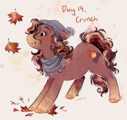 Size: 1039x980 | Tagged: safe, artist:lutraviolet, oc, oc only, oc:crunch, earth pony, pony, abstract background, autumn, blushing, brown eyeshadow, clothes, coat markings, colored hooves, colored muzzle, colored pinnae, earth pony oc, eyelashes, female, floppy ears, gradient legs, gradient muzzle, hat, hooves, leaning forward, maple leaf, mare, no catchlights, no pupils, orange hooves, pale muzzle, ponytober, ponytober 2024, profile, red coat, scarf, shiny hooves, signature, smiling, socks (coat markings), solo, three toned mane, three toned tail, winter hat