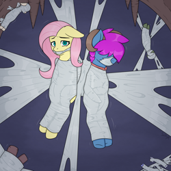 Size: 1500x1500 | Tagged: safe, artist:seltiox, fluttershy, oc, oc:bliss, oc:puffy bliss, pegasus, pony, g4, bondage, bound and gagged, captured, caught, clothes, cocoon, digital art, duo focus, encasement, female, floppy ears, gag, goat horns, horns, mummification, mummified, peril, restrained, scarf, spider web, web gag, wrapped up, wrapping