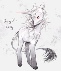 Size: 933x1090 | Tagged: safe, artist:lutraviolet, oc, oc only, oc:fog, pony, unicorn, abstract background, ambiguous gender, blank flank, chest fluff, cloven hooves, coat markings, colored hooves, colored horn, eyelashes, flowing mane, gradient horn, gradient legs, gray hooves, gray tail, gray text, hatching (technique), hock fluff, hooves, horn, long horn, long tail, no mouth, ponytober, ponytober 2024, profile, red eyes, shiny hooves, shiny tail, signature, silver tail, socks (coat markings), standing, tail, tail fluff, thin tail, turned head, unicorn horn, unicorn oc, white coat, white mane, white pupils, white tail, wide eyes