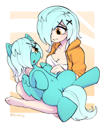 Size: 2610x3200 | Tagged: safe, artist:quotepony, oc, oc only, oc:ellipsis, human, pegasus, pony, :o, belly, belly button, breasts, cute, hand, holding hands, human ponidox, imminent belly rub, lying down, on back, open mouth, passepartout, self paradox, self ponidox, sitting, sitting on lap, weapons-grade cute, wings