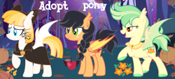 Size: 1280x584 | Tagged: safe, artist:vi45, oc, oc only, bat pony, pony, braid, female, forest, mare, moon, nature, not aunt orange, outdoors, pumpkin, tree, trio, trio female