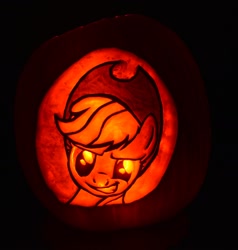 Size: 1470x1546 | Tagged: safe, artist:archiveit1, applejack, pony, g4, applejack-o-lantern, bust, female, glowing, halloween, holiday, jack-o-lantern, mare, portrait, pumpkin, pumpkin carving, smiling, smirk, solo