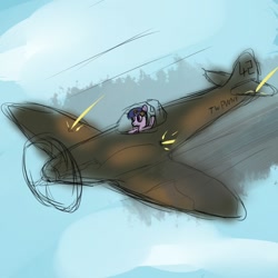 Size: 1000x1000 | Tagged: safe, pony, g4, 42, colored sketch, female, mare, not octavia, outdoors, plane, sketch, solo, supermarine spitfire, text