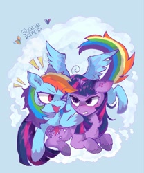 Size: 1064x1280 | Tagged: safe, artist:shanezmrd, rainbow dash, twilight sparkle, pegasus, pony, g4, blushing, cross-popping veins, cute, cute little fangs, duo, emanata, fangs, female, floppy ears, lesbian, mare, one eye closed, outdoors, ship:twidash, shipping, signature, wink