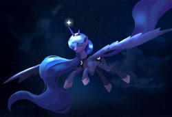 Size: 7283x4993 | Tagged: safe, artist:podpivk0, princess luna, alicorn, pony, g4, absurd resolution, ethereal mane, ethereal tail, eyes closed, female, flying, mare, night, sky, solo, stars, tail