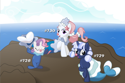 Size: 9000x6000 | Tagged: safe, artist:cranberry-tofu, sweetie belle, oc, oc:silverlay, oc:whisper call, brionne, pony, popplio, primarina, g4, absurd resolution, clothes, costume, nightmare night costume, ocean, outdoors, pokémon, water