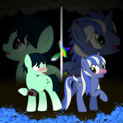 Size: 6000x6000 | Tagged: safe, artist:cranberry-tofu, oc, oc only, oc:coolmint, oc:star spectrum, pony, fanfic:cold equation, :o, blushing, blushing profusely, butt, duo, duo male and female, fanfic art, female, gradient legs, green eyes, looking at each other, looking at someone, looking back, male, mare, open mouth, pipbuck, plot, poison joke, raised hoof, rule 63, stallion, turned head