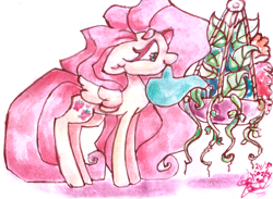 Size: 4206x3072 | Tagged: safe, artist:mannybcadavera, fluttershy, pegasus, pony, g4, cute, floppy ears, high res, mouth hold, potted plant, shyabetes, signature, simple background, smiling, solo, traditional art, watercolor painting, watering can, white background