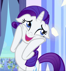 Size: 882x945 | Tagged: safe, screencap, rarity, pony, unicorn, g4, my little pony: friendship is magic, the crystal empire, bipedal, cropped, cute, floppy ears, hooves on cheeks, horn, open mouth, open smile, raribetes, smiling, solo, squishy cheeks