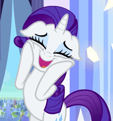 Size: 877x942 | Tagged: safe, screencap, rarity, pony, unicorn, g4, my little pony: friendship is magic, the crystal empire, bipedal, cropped, cute, eyes closed, floppy ears, hooves on cheeks, horn, open mouth, open smile, raribetes, smiling, solo, squishy cheeks