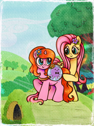 Size: 2248x3000 | Tagged: safe, artist:dariarchangel, fluttershy, oc, oc:dazha, octopus, pony, unicorn, g4, adorable face, aquarium, bag, big eyes, blue eyes, blue sky, blushing, bow, c:, cute, cute face, cute smile, daaaaaaaaaaaw, duo, duo female, female, fish bowl, flower, flower in hair, folded wings, grass, hairband, hnnng, horn, long hair, long mane, long tail, looking at each other, looking at someone, mare, ocbetes, orange hair, orange mane, orange tail, outdoors, passepartout, pet, pink coat, pink hair, pink mane, pink tail, platonic, pony oc, ponyville, raised hoof, shyabetes, sky, small horn, smiling, standing, standing on three hooves, sweet dreams fuel, tail, that pony sure does love animals, too cute, traditional art, tree, unicorn oc, weapons-grade cute, wings, yellow coat