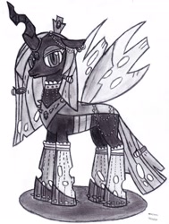 Size: 2458x3257 | Tagged: safe, artist:drchrisman, queen chrysalis, mlp fim's fourteenth anniversary, g4, clothes, concave belly, edgy queen chrysalis, eyeshadow, lidded eyes, makeup, quadrupedal, simple background, slender, socks, solo, thin, white background