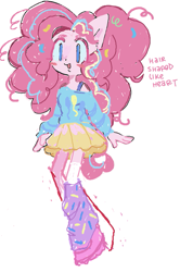 Size: 715x1003 | Tagged: safe, artist:dddddaxie998839, pinkie pie, human, equestria girls, g4, alternate clothes, alternate design, alternate hair color, alternate hairstyle, beanbrows, big eyes, blue eyes, blue sclera, blush sticker, blushing, boots, bra, clothes, colored eyebrows, colored eyelashes, colored sclera, confetti, curly hair, cutie mark on clothes, eyebrows, female, hair accessory, leg warmers, long hair, long socks, no catchlights, no pupils, off shoulder, off shoulder sweater, pink eyelashes, pink hair, pink text, pleated skirt, pony coloring, pony ears, redesign, shoes, simple background, skirt, slender, socks, solo, standing, sweater, thin, thin legs, three toned hair, underwear, white background, white socks, yellow skirt