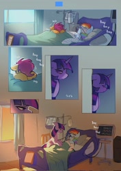 Size: 1448x2048 | Tagged: safe, artist:piesinful, rainbow dash, scootaloo, twilight sparkle, pegasus, pony, unicorn, comic:unlucky day, fanfic:cupcakes, g4, bags under eyes, bandage, bed, comic, crying, female, filly, floppy ears, foal, horn, hospital, hospital bed, indoors, lying down, mare, no dialogue, no pupils, on back, respirator, sobbing, trio, trio female, unicorn twilight