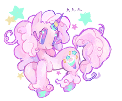 Size: 1613x1341 | Tagged: safe, artist:dddddaxie998839, pinkie pie, oc, oc:party popper, pony, unicorn, g4, big eyes, colored eyelashes, colored hooves, colored horn, curly mane, curly tail, female, female oc, hatching (technique), hooves, horn, long mane, long tail, mare, mare oc, multicolored horn, pink coat, pink eyelashes, pink mane, pink tail, purple eyes, purple hooves, race swap, shiny hooves, simple background, smiling, solo, stars, tail, three quarter view, turned head, unicorn horn, unicorn oc, unicorn pinkie pie, unshorn fetlocks, white background