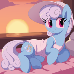 Size: 2124x2129 | Tagged: safe, artist:spoonie, linky, shoeshine, earth pony, pony, g4, bed, blushing, clothes, cute, dress, female, hat, indoors, lying down, mare, sky, smiling, solo, sun hat, sundress