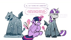 Size: 1200x675 | Tagged: safe, artist:redxbacon, twilight sparkle, twilight velvet, gargoyle, pony, unicorn, g4, clothes, costume, dialogue, duo, duo female, female, floppy ears, glowing, glowing horn, halloween, halloween costume, holiday, horn, magnifying glass, mother and child, mother and daughter, paintbrush, perfectionism, ponytober, ponytober 2024, ruler, simple background, statue, stone, sweat, twilight being twilight, unicorn twilight, white background