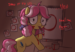 Size: 3000x2100 | Tagged: safe, artist:t72b, kettle corn, earth pony, pony, g4, bow, butt, circle, circle painting, crazy face, faic, female, filly, foal, hair bow, indoors, looking at you, looking back, looking back at you, mouth hold, paint, paintbrush, painting, plot, shrunken pupils