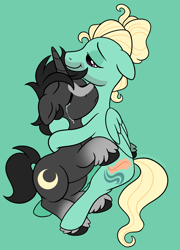 Size: 1800x2500 | Tagged: safe, artist:leopardsnaps, zephyr breeze, oc, oc:crystal nightshine, pegasus, pony, unicorn, g4, blaze (coat marking), bun hairstyle, coat markings, comforting, crying, duo, facial markings, floppy ears, gradient legs, green background, horn, hug, hugging a pony, looking at someone, male, man bun, sad, simple background, stallion, stallion oc, unicorn oc, unshorn fetlocks