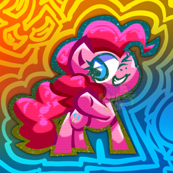 Size: 3840x3840 | Tagged: safe, artist:endercatcore, pinkie pie, earth pony, pony, g4, abstract background, female, gradient background, pointing at you, solo