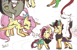 Size: 2560x1680 | Tagged: safe, artist:sanityfoundd, discord, fluttershy, oc, hybrid, g4, broken glass, child, children, female, filly, flower, flower in hair, foal, glowing, glowing horn, horn, interspecies offspring, male, nervous, offspring, older, older fluttershy, parent:discord, parent:fluttershy, parents:discoshy, question mark, ship:discoshy, shipping, signature, straight, sweat