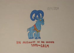 Size: 3820x2742 | Tagged: safe, artist:aa68., derpibooru exclusive, grogar, goat, g4, 2024, cloven hooves, colored, colored pencil drawing, doc harris, in memoriam, male, rest in peace, simple background, solo, traditional art, tribute, white background