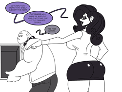 Size: 1800x1350 | Tagged: safe, artist:chillguydraws, artist:thicc-verse, fido, rarity, human, series:rarity's men, g4, ass, black and white, breasts, busty rarity, butt, collar, dialogue, duo, duo male and female, female, grayscale, humanized, large butt, male, monochrome, partial color, pointing, rearity, sideboob, simple background, speech bubble, white background