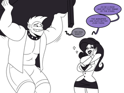 Size: 1800x1350 | Tagged: safe, artist:chillguydraws, artist:thicc-verse, rarity, rover, human, series:rarity's men, g4, big breasts, black and white, breasts, busty rarity, carrying, collar, dialogue, duo, duo male and female, eyes closed, eyeshadow, female, grayscale, hands together, height difference, humanized, lipstick, makeup, male, monochrome, musical instrument, partial color, piano, simple background, speech bubble, white background, wide hips