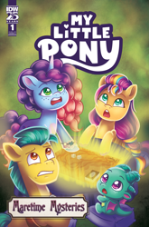 Size: 2063x3131 | Tagged: safe, artist:abigail starling, idw, official comic, hitch trailblazer, misty brightdawn, sparky sparkeroni, sunny starscout, dragon, earth pony, pony, unicorn, g5, maretime mysteries #1, my little pony: maretime mysteries, official, spoiler:comic, spoiler:g5, spoiler:g5comic, comic cover, cover, cover art, female, gritted teeth, high res, horn, male, mane stripe sunny, mare, my little pony logo, open mouth, rebirth misty, stallion, teeth, unshorn fetlocks