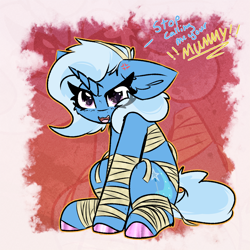 Size: 2000x2000 | Tagged: safe, artist:jubyskylines, trixie, pony, unicorn, g4, clothes, costume, cross-popping veins, dialogue, emanata, female, floppy ears, hoof polish, horn, mare, mummy, nightmare night, trixie is not amused, unamused