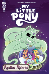 Size: 2063x3131 | Tagged: safe, artist:shauna j. grant, idw, hitch trailblazer, misty brightdawn, raneigh, sparky sparkeroni, sunny starscout, dragon, earth pony, ghost, ghost pony, pony, undead, unicorn, g5, maretime mysteries #3, my little pony: maretime mysteries, official, spoiler:comic, spoiler:g5, spoiler:g5comic, baby, baby dragon, comic cover, cover, cover art, female, group, horn, male, mane stripe sunny, mare, rebirth misty, snow globe, stallion, variant cover