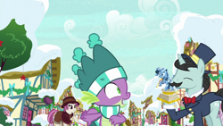 Size: 1280x720 | Tagged: safe, screencap, budding pine, heartfelt song, rarity, spike, top notch, dragon, earth pony, pony, unicorn, g4, my little pony best gift ever, my little pony: friendship is magic, clothes, female, horn, male, outdoors, ponyville, scarf, snow, statue, striped scarf, winged spike, wings