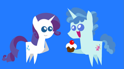 Size: 991x555 | Tagged: safe, artist:moonlightthegriffon, edit, party favor, rarity, pony, g4, cupcake, female, food, horn, male, mare, open mouth, open smile, pointy ponies, rarifavor, shipping, simple background, smiling, stallion, straight