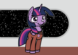 Size: 2048x1448 | Tagged: safe, artist:ewoudcponies, part of a set, twilight sparkle, alicorn, pony, g4, clothes, female, mare, smiling, solo, space, spaceship, twilight sparkle (alicorn), uniform, window