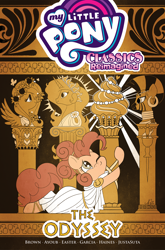 Size: 1400x2125 | Tagged: safe, artist:amy mebberson, idw, official comic, fluttershy, pinkie pie, princess celestia, zecora, alicorn, earth pony, pegasus, pony, zebra, g4, my little pony classics reimagined: the odyssey, official, alternate hairstyle, bust, clothes, comic cover, cover, cover art, cupcake, dress, ear piercing, earring, female, floral head wreath, flower, food, greek mythology, jewelry, mare, my little pony logo, neck rings, one eye closed, piercing, statue, the odyssey, toga, zirce