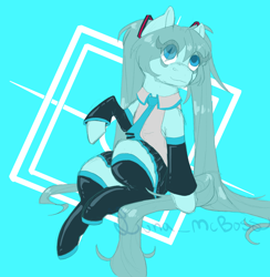 Size: 2768x2841 | Tagged: safe, alternate version, artist:luna_mcboss, earth pony, pony, bangs, blue background, blue coat, blue eyes, blue hair, boots, clothes, collared shirt, detached sleeves, hair tie, hatsune miku, leaning back, long hair, long tail, looking up, necktie, pigtails, ponified, raised leg, shirt, shoes, simple background, sitting, skirt, square, tail, thigh boots, twintails, vocaloid