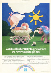 Size: 664x949 | Tagged: safe, official comic, baby cuddles, buttons (g1), earth pony, pony, unicorn, g1, my little pony vol. 1, my little pony vol. 1 #78, official, 1987, advertisement, baby, baby buggy, baby carriage, baby pony, blanket, bonnet, cloud, duo, duo female, female, filly, foal, horn, irl, mare, my little pony logo, outdoors, parasol (umbrella), photo, rattle, sun, text, toy