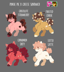 Size: 2767x3091 | Tagged: safe, artist:nkukubean, cheese sandwich, pinkie pie, oc, oc:chocolate strawberry, oc:cinnamon taffy, oc:frosted cookie, oc:lotta latte, earth pony, pony, g4, cheek fluff, chest fluff, ear fluff, female, freckles, glasses, gray background, heart, heart eyes, male, mare, nose piercing, nose ring, offspring, parent:cheese sandwich, parent:pinkie pie, parents:cheesepie, piercing, screencap reference, siblings, simple background, stallion, unshorn fetlocks, wingding eyes