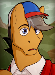 Size: 1040x1400 | Tagged: safe, artist:bunnyshrubby, quibble pants, equestria at war mod, g4, bust, cap, clothes, hat, male, outdoors, portrait, solo, stallion