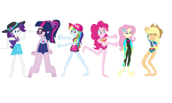 Size: 1735x1042 | Tagged: safe, artist:sotosbros, edit, applejack, fluttershy, pinkie pie, rainbow dash, rarity, sci-twi, twilight sparkle, equestria girls, equestria girls specials, g4, my little pony equestria girls: better together, my little pony equestria girls: forgotten friendship, barefoot, clothes, dancing, feet, glasses, hat, humane five, humane six, one-piece swimsuit, simple background, swimsuit, wetsuit, white background