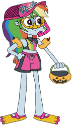 Size: 1941x3405 | Tagged: safe, artist:christian soto, rainbow dash, equestria girls, equestria girls specials, g4, my little pony equestria girls: better together, my little pony equestria girls: forgotten friendship, clothes, female, flippers, goggles, halloween, hat, holiday, pumpkin bucket, simple background, snorkel, solo, sunglasses, swim mask, swimsuit, transparent background, trick or treat, water wings